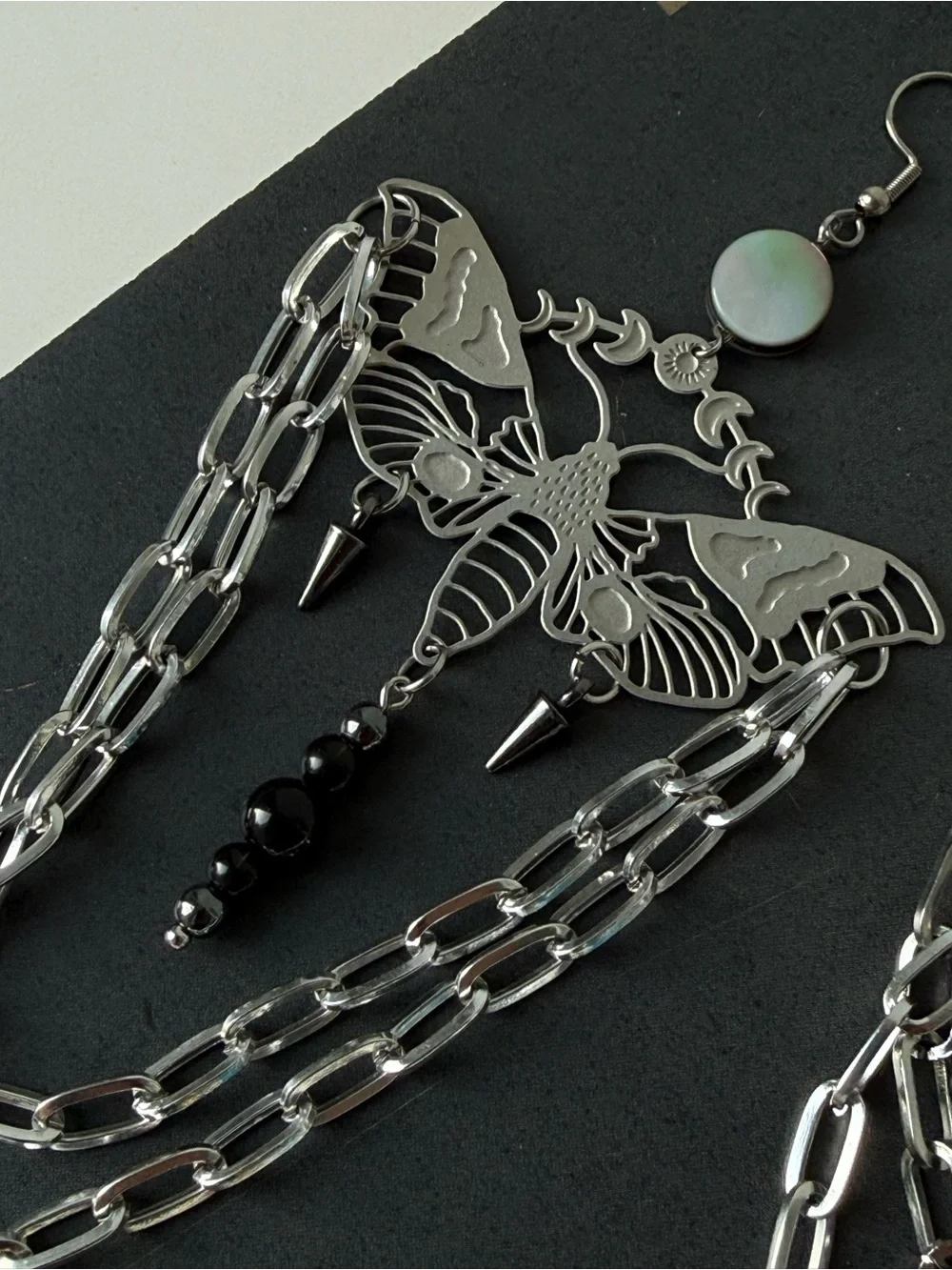 Moth statement earrings black obsidian hematite hanging chains witchy boho festi